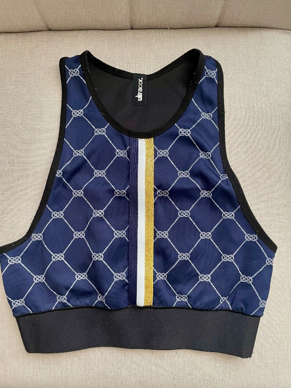 Ultracor Reversible Navy Nautical Rope Print Crop Top Sports Bra Gold Stripe XS - Picture 1 of 6